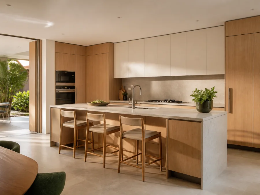 Cozinha contemporânea planejada em madeira e tons claros