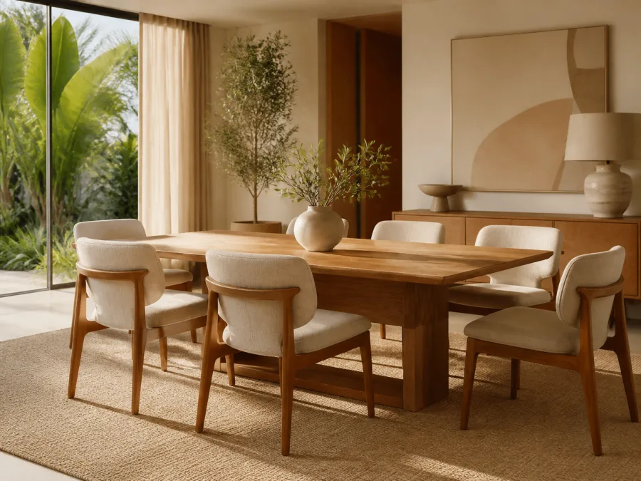 Sala de jantar com mesa de madeira e seis cadeiras estofadas
