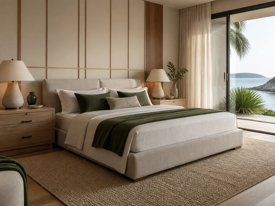 Quarto contemporâneo com cama estofada e móveis em madeira